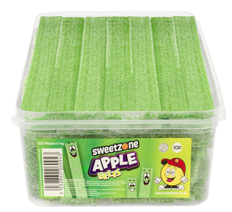 Sweetzone 10p Apple Belts – green fizzy halal candy strips with juicy apple flavour