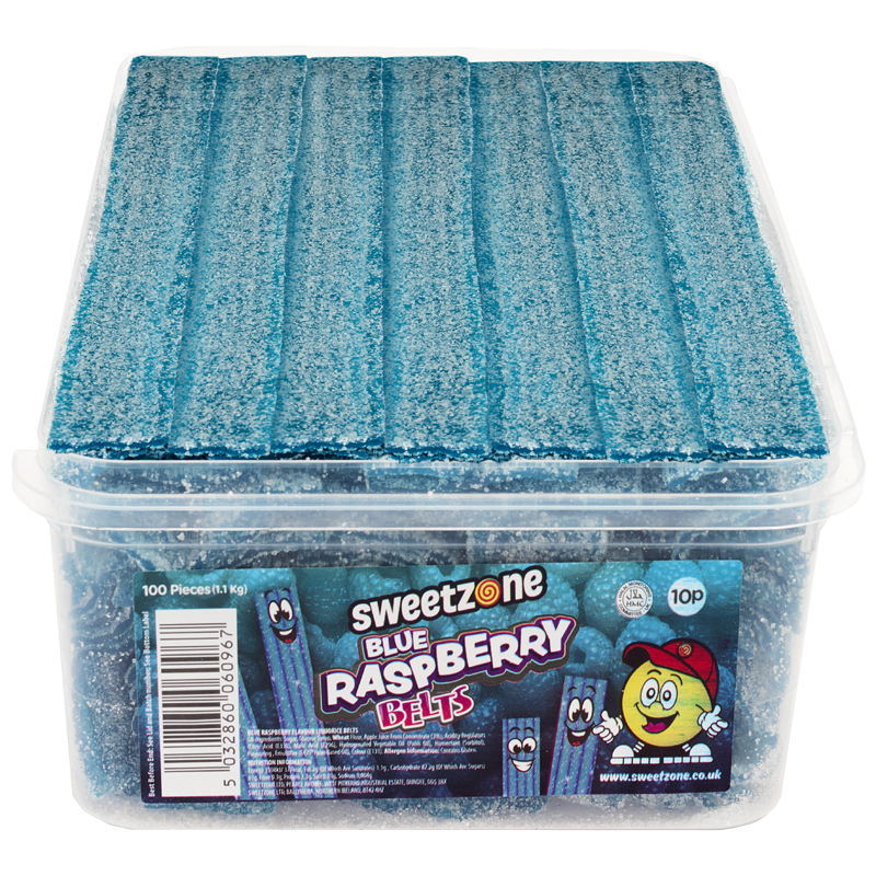Sweetzone 10p Blue Raspberry Belts – vibrant blue halal candy strips with tangy raspberry flavour